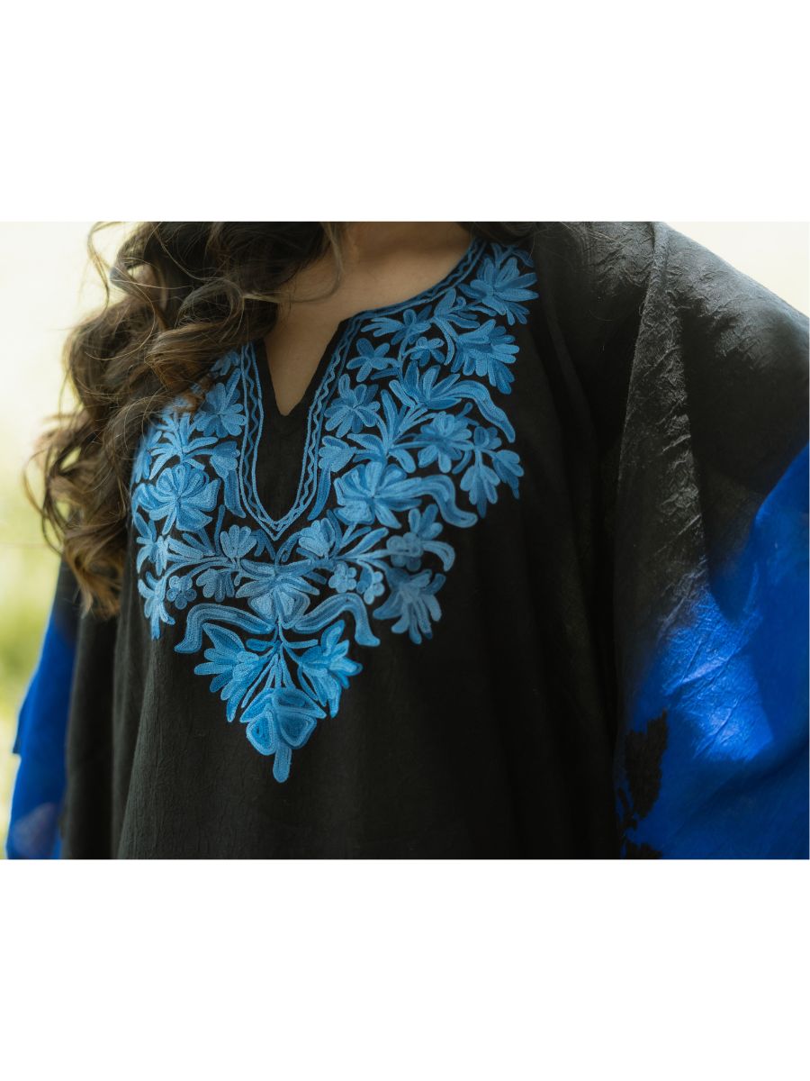 Midnight Sky Cotton Kaftan with Sapphire Blue Aari Embroidery - KaarKash
